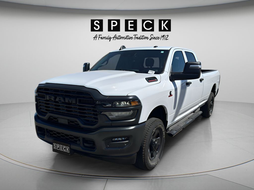 2025 RAM 3500 Tradesman Crew Cab 4x4 8' Box in White — front three-quarter view